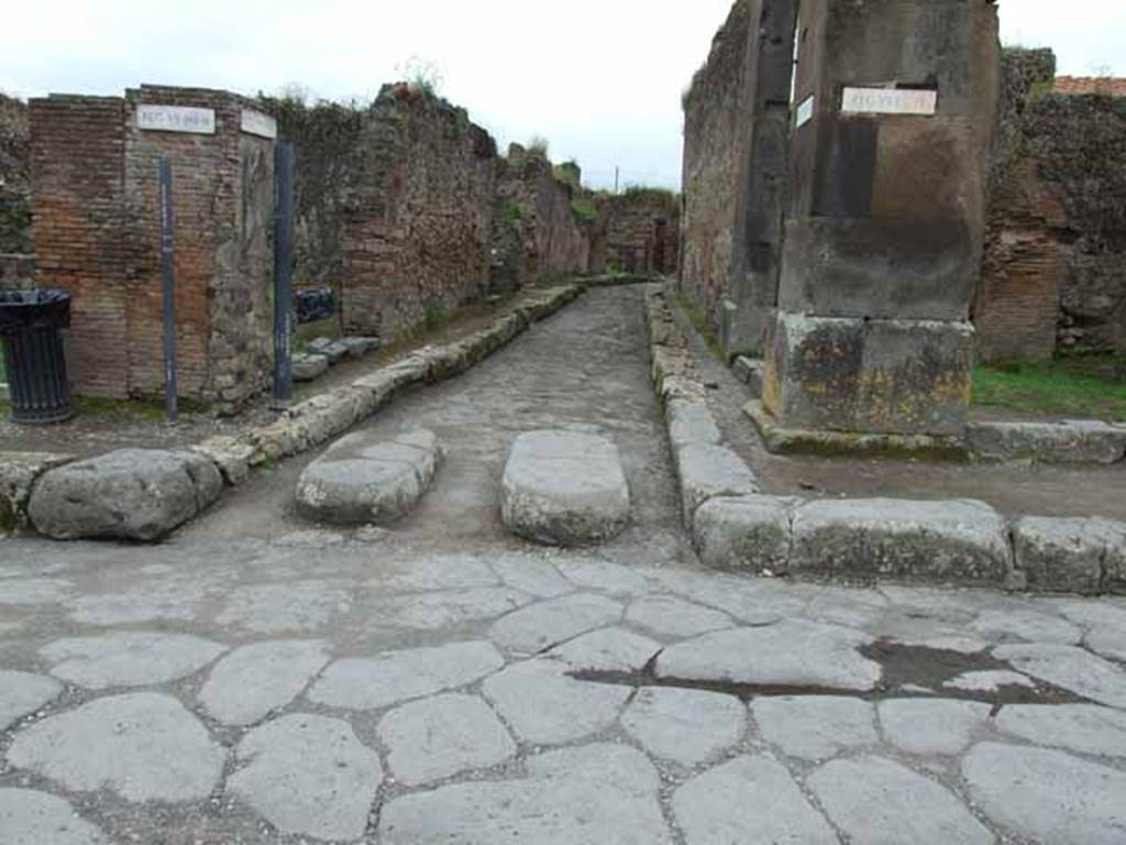 Via della Fortuna, south side, May 2010. Looking south at Vicolo Storto between VII.3 and VII.4.