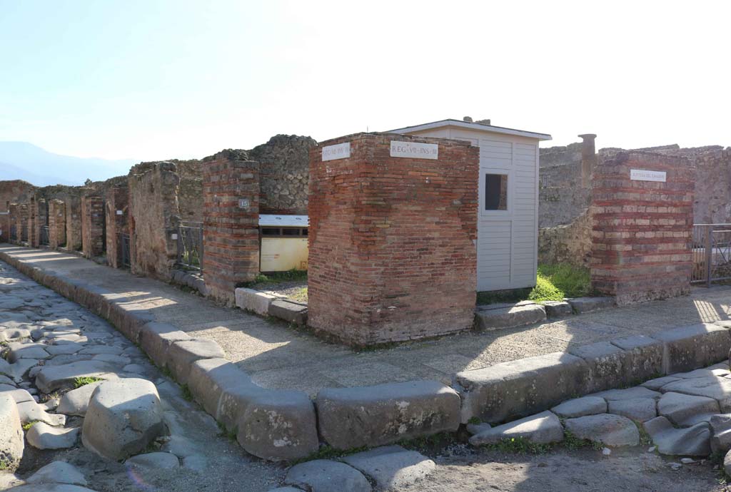 Via della Fortuna, on right, Pompeii. December 2018. 
Looking south towards corner of junction of Via Stabiana, on left, and Via della Fortuna, on right, at VII.3.14. Photo courtesy of Aude Durand
