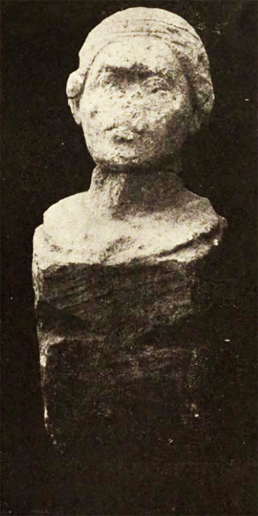 Pompeii Fondo Azzolini. Tomb 64: Tertia. A female bust in tufa from Tomb 64.
Un busto muliebre in tufo del la tomba 64.
See Notizie degli Scavi di Antichità, 1916, p. 299 and fig. 12.


TERTIA

Tertia

See Notizie degli Scavi di Antichità, 1916, p. 299, fig. 12, p. 303, t64.
