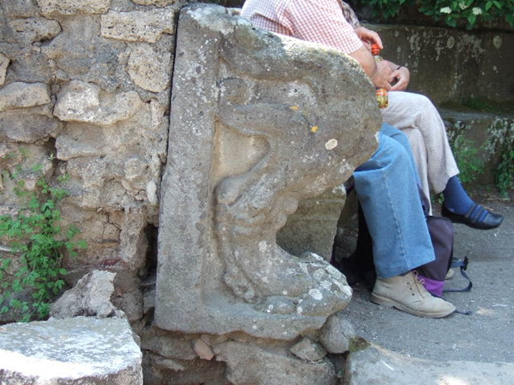 HGW02 Pompeii. May 2006. Detail of lions paw at south end of tomb.