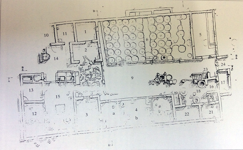 53. Scafati, Villa Rustica in Fondo Prete. Villa N. Popidi Narcissi Maioris. Plan.
La villa già nel 1932 era stata identificata e poi parzialmente scavata da Matteo Della Corte nel 1934.
Nel 1992, nei pressi di via Torino, nel fondo di proprietà Prete nel corso di normali controlli di sbancamenti per civili abitazioni, sono state rinvenute strutture pertinenti una villa rustica romana, seppellita dall'eruzione del Vesuvio nel 79 d.C.
Domus quasi interamente scavata. La maggior parte degli ambienti, conservatisi per un'altezza massima di 2.67 m, si apre all'interno dell'abitazione, su un'ampia corte centrale, dal piano pavimentale in terra battuta. 
Al centro della corte è una cisterna per l'approvvigionamento idrico, con pozzo di raccolta in opera incerta e pluteo di tufo emergente 0.55 m dal piano del cortile. La cisterna è inquadrata da 4 pilastrini in opus vittatum mixtum che dovevano sostenere o una copertura o delle assi lignee relative alla struttura per il sollevamento dell'acqua. La corte ha un'ampiezza di m 15 x 6 e si apre sul lato occidentale della cella vinaria (6) in cui erano situati i doli disposti in 10 filari di 6, di cui solo 3 sono stati rinvenuti in situ. 
Nel settore S, di forma rettangolare 18 x 24, si aprivano una serie di ambienti abitativi e di servizio, il più importante dei quali è il triclinium con un piano pavimentale in cocciopesto ed un disegno a tessere di mosaico delimitante 40 riquadri. L'impianto termale è ridotto al solo calidarium, non lontano è il laconicum (14). Di questo settore fanno parte alcuni depositi per le derrate alimentari (1), per attrezzi agricoli (2). 
Nel settore settentrionale sono i depositi per gli oggetti metallici (16) e la dispensa di oggetti di uso domestico (20). Il vano 19 era un silos per lo stoccaggio della farina. Non lontano da questo ambiente, nel vano 22 sono state rinvenute delle macine per i cereali. Del piano superiore non rimane traccia.

The villa had already been identified in 1932 and then partially excavated by Matteo Della Corte in 1934.
In 1992, near Via Torino, in the land owned by Prete, during normal excavation checks for civilian homes, structures pertaining to a Roman rustic villa were found, buried by the eruption of Vesuvius in 79 AD.
Domus almost entirely excavated. Most of the rooms, preserved to a maximum height of 2.67 m, open into the interior of the dwelling, onto a large central courtyard, with a beaten earth floor. In the centre of the courtyard is a cistern for water supply, with a collection well in opus incertum and tuff pluteus rising 0.55 m from the courtyard floor. The cistern is framed by 4 small pillars in opus vittatum mixtum that must have supported either a roof or wooden planks related to the structure for raising the water. The courtyard is 15 x 6 m wide and opens onto the western side of the cella vinaria (6) in which the doli were located in 10 rows of 6, of which only 3 were found in situ. 
In the southern sector, rectangular in shape 18 x 24, there were a series of living and service rooms, the most important of which is the triclinium with a floor surface in cocciopesto and a mosaic tile design delimiting 40 squares. The thermal baths are reduced to just the calidarium; not far away is the laconicum (14). In this sector are storerooms for foodstuffs (1) and agricultural implements (2). 
In the northern sector are the storerooms for metal objects (16) and the larder for household objects (20). Compartment 19 was a silo for storing flour. Not far from this room, grain millstones were found in compartment 22. No trace remains of the upper floor.
Vedi/See  ICCD Scheda for villa
