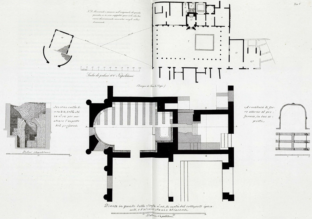 Stabiae, Secondo Complesso, Villa Arianna B. 1775-8 plan of part of the villa excavated by Francesco La Vega in 1762 and 1775, published in 1881 by Ruggiero.
Restano tali fabbriche nel territorio di Castellamare, sito detto Varano, nel podere di D. Ignazio Girace, quale fu prima di D. Pietro Girace. 
Remains found in the territory of Castellamare, at the site known as Varano, on the estate of D. Ignazio Girace, which was previously owned by D. Pietro Girace. 
See Ruggiero M., 1881. Degli scavi di Stabia dal 1749 al 1782, Naples, p. 297, Tav. V.

Restano tali fabbriche nel territorio di Castellamare, sito detto Varano, nel podere di D. Ignazio Girace, quale fu prima di D. Pietro Girace. Si era già scavata piccola porzione di questa fabbrica dalli primi Luglio 1762 agli ultimi Settembre dello stesso anno. Si è tornato a scavare nel sito contrasegnato alli 2 Maggio 1775.

Remains found in the territory of Castellamare, at the site known as Varano, on the estate of D. Ignazio Girace, which was previously owned by D. Pietro Girace. A small portion of these remains had already been excavated from early July 1762 to late September of the same year. It was excavated again at the site marked on 2 May 1775.

See Ruggiero M., 1881. Degli scavi di Stabia dal 1749 al 1782, Naples, p. 297, Tav. V.