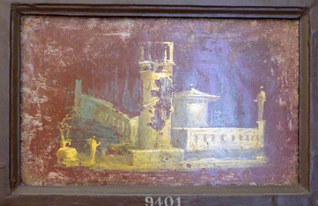 Stabiae, Villa Arianna, found 25th July 1759. Room W.26? 
Wall painting of landscape with building, tower, man and an idol.
Now in Naples Archaeological Museum. Inventory number 9401.
See Pagano, M. and Prisciandaro, R., 2006. Studio sulle provenienze degli oggetti rinvenuti negli scavi borbonici del regno di Napoli.  Naples: Nicola Longobardi, p. 243. 