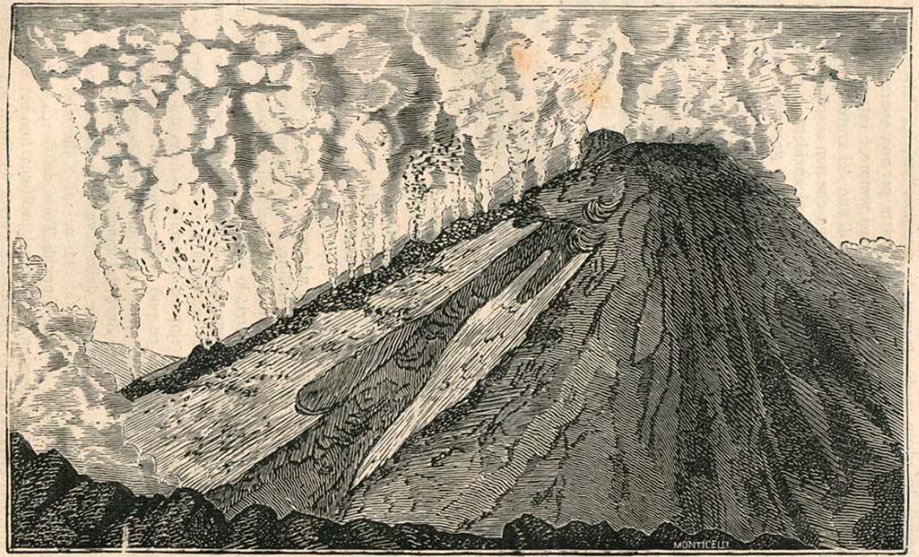 Vesuvius eruption 1855. 1880 drawing by Luigi Palmieri.
See Palmieri L., 1880. Il Vesuvio e la sua storia. Milano: Tipografia Faverio, fig. 17.
See book on E-RARA
